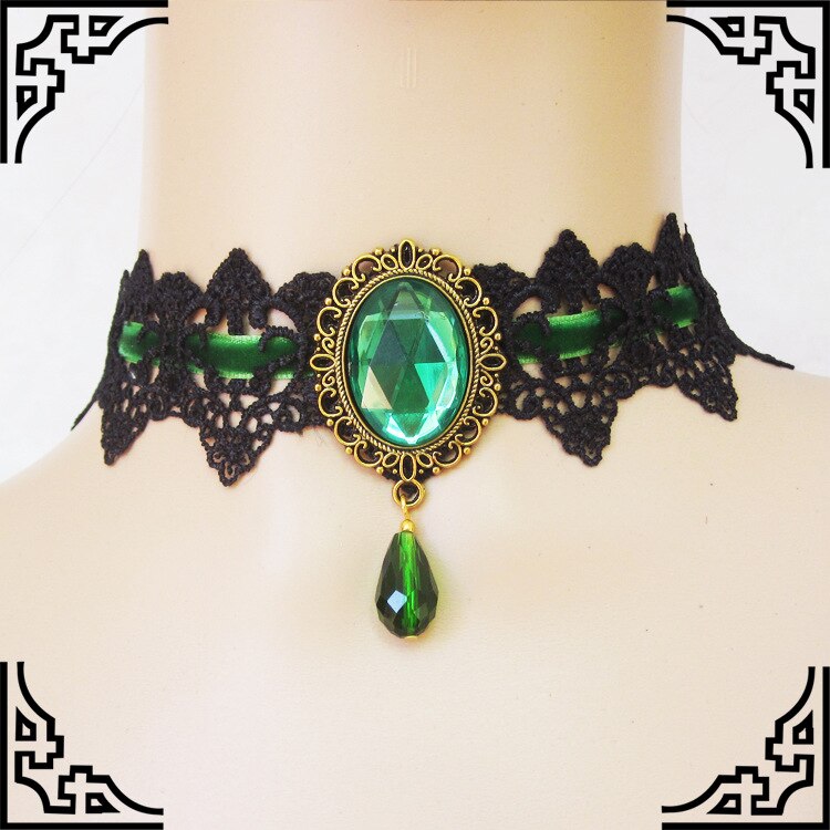 Gothic Elegant Women Lace Choker Necklace Multicolor gemstone pendant Retro Style Handmade Necklace