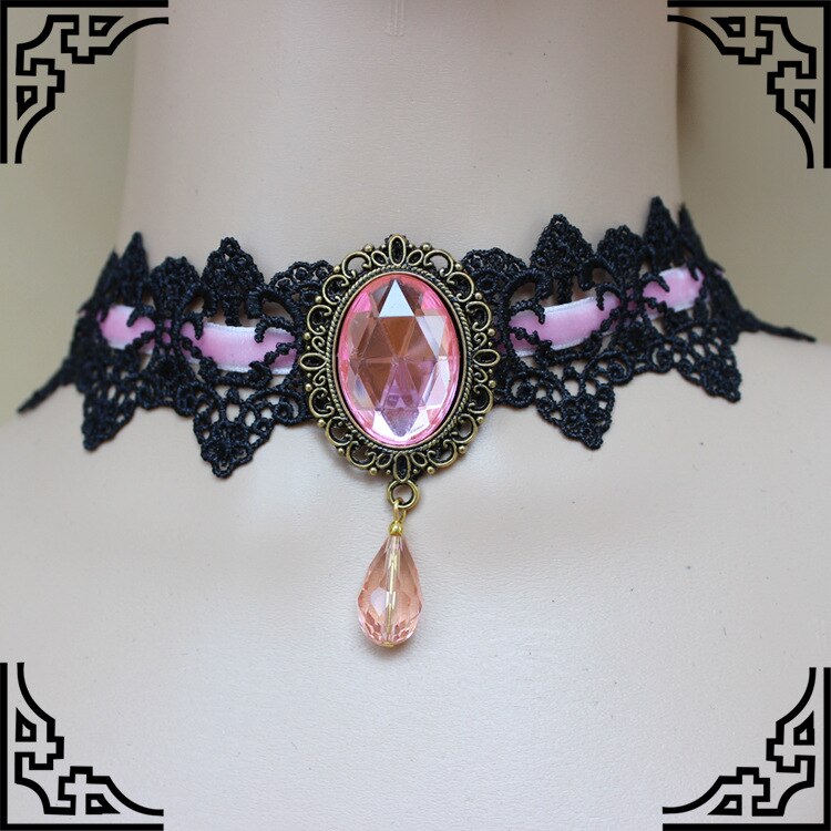 Gothic Elegant Women Lace Choker Necklace Multicolor gemstone pendant Retro Style Handmade Necklace