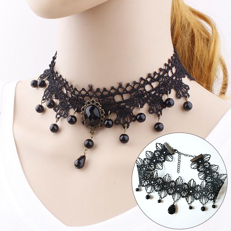 Gothic Victorian Crystal Tassel Tattoo Choker Necklace Black Lace Choker Collar Vintage Women Wedding Halloween Jewelry