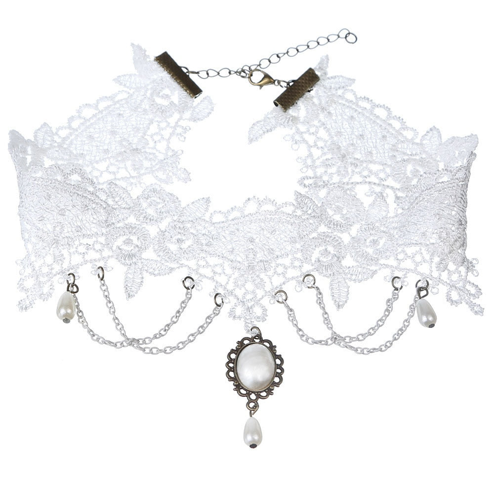 Gothic White Crystal Lace Choker Necklace For Women Victoria Vintage Clavicle Chain Collar Statement Jewelry