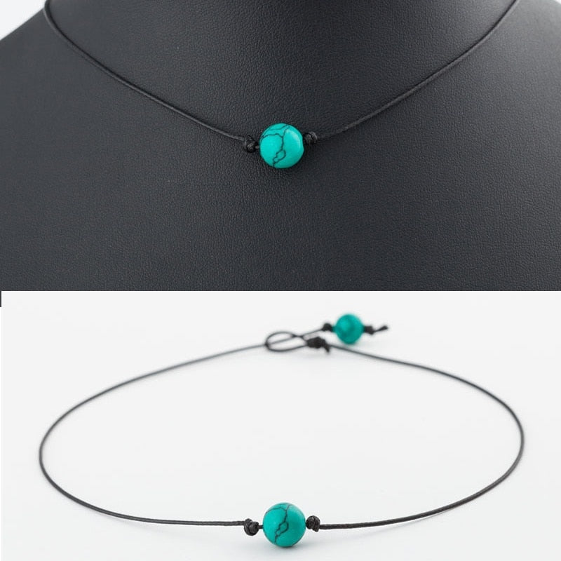 Fashion Green Or Blue Turquoises Charm Choker Necklace on Leather Cord For Women Handmade Choker Jewelry Gifts