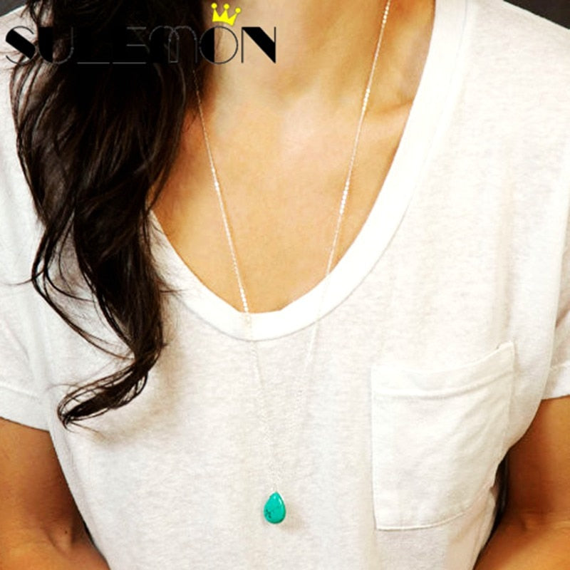 Fashion Green Stone Long Necklace Pendant Gold Silver Color 30 Chain For Women Necklaces Bohemian Jewelry Summer Friend Gift