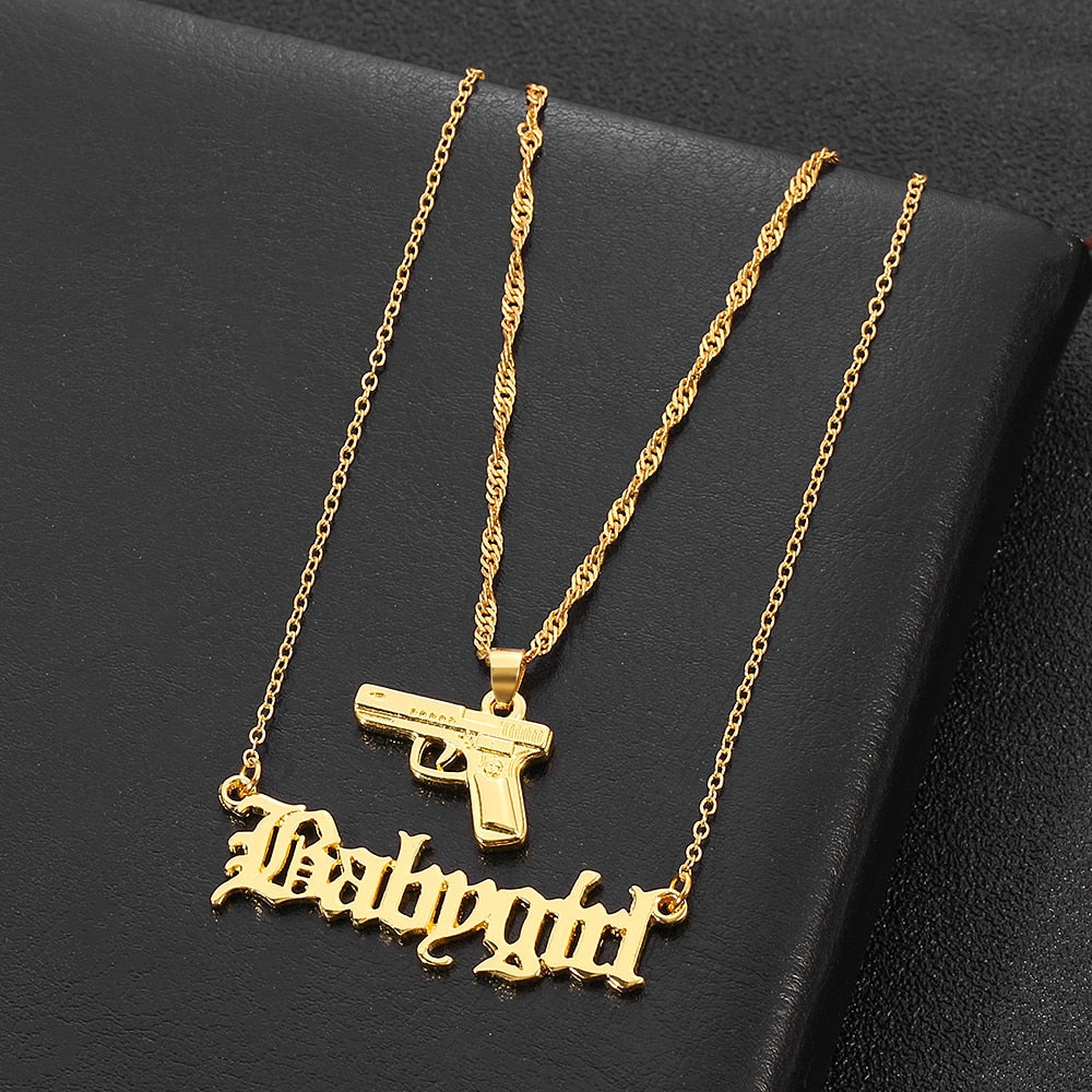 Gun Pistol Necklace Gold Plated Babygirl Letter Pendant Necklace for Women Men Hip Hop Double Layer Nightclub Jewelry