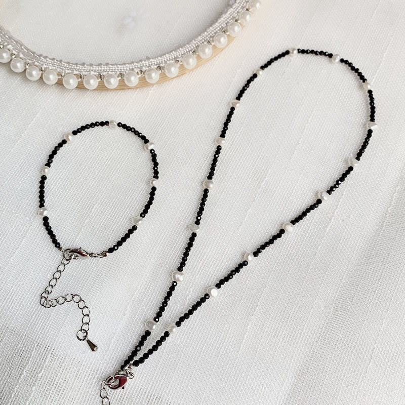 Healing Jewelry 2MM Small Black Obsidian Stone Crystal Necklace Natural Freshwater Baroque Pearl Choker Short Collier