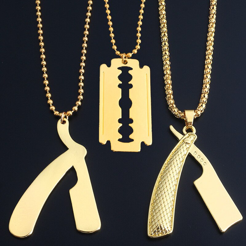 Hip Hop Jewelry Necklace Golden Chain Barber Shop Blade Razor Hairdresser Tools Pendant Necklace Women Men Gifts
