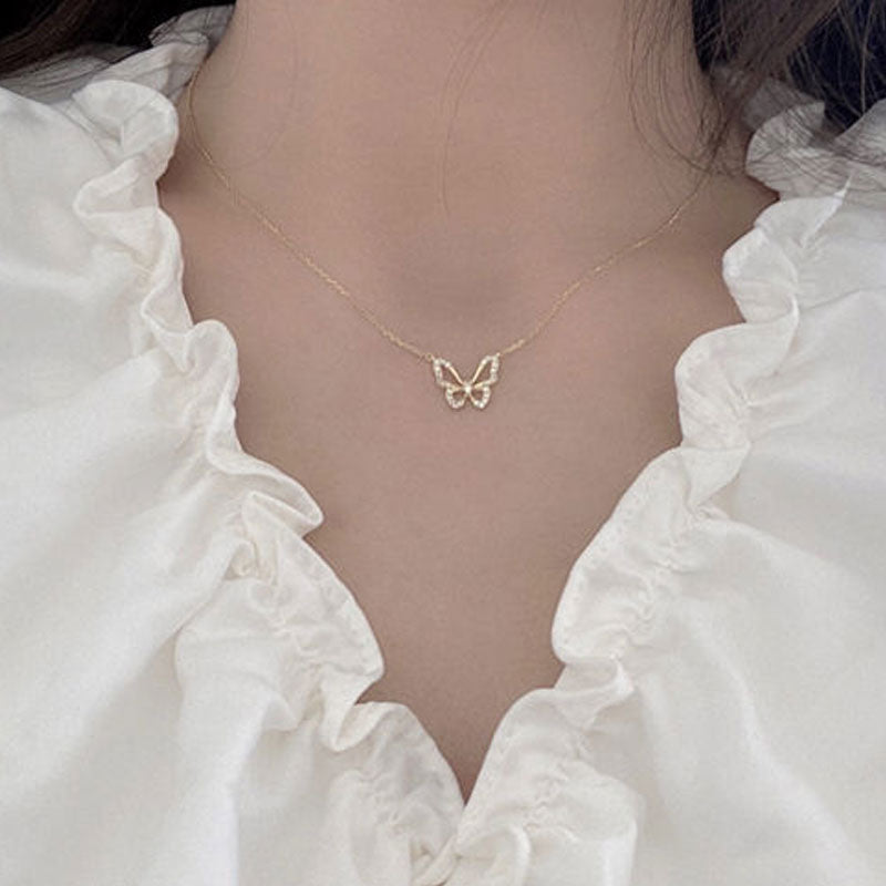 Hollow Butterfly Necklace Women Clavicle Chain Cute Rhinestone Animal Pendant Necklace