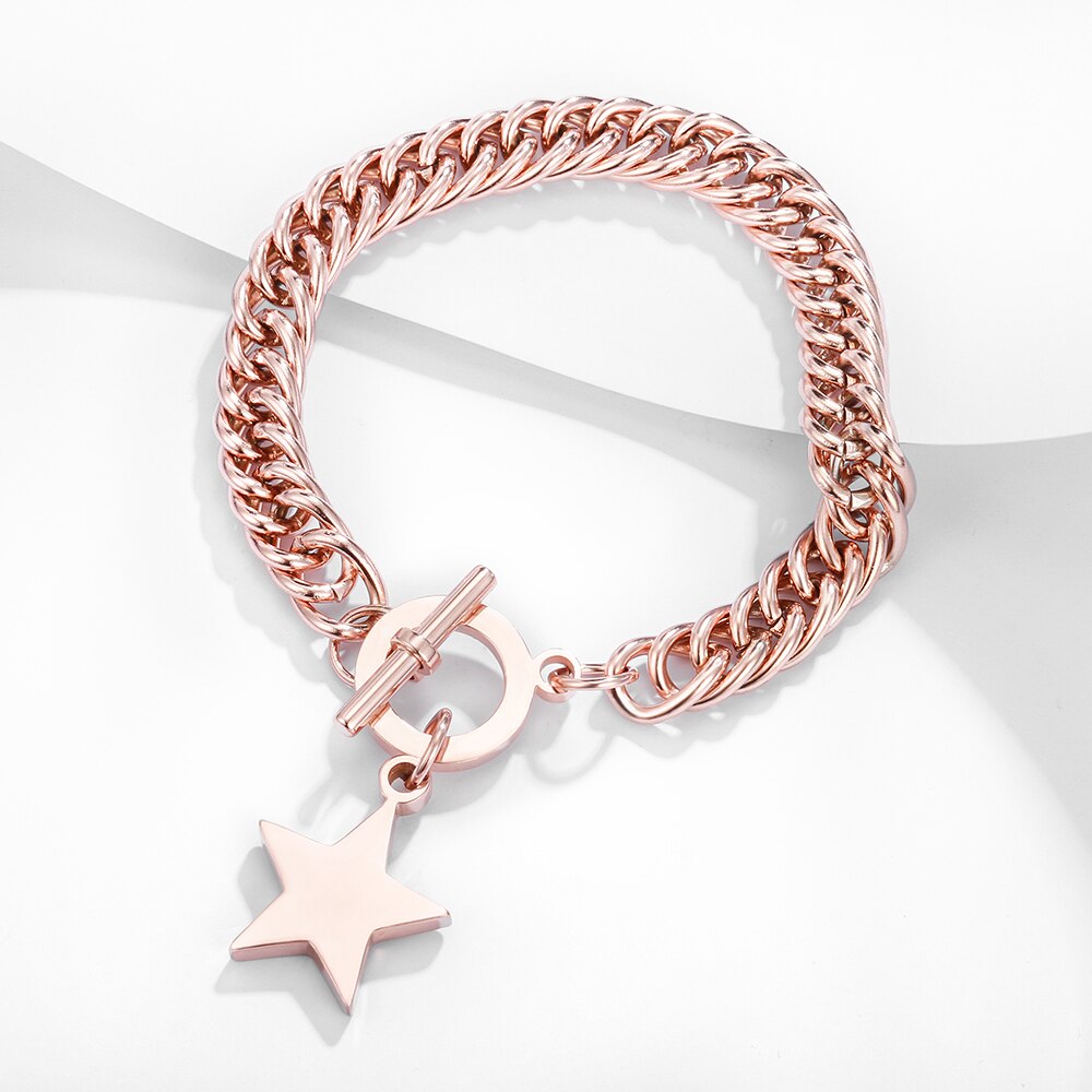 Star Link & Chain Charm Bracelets Sliver/Rose Gold Stainless Steel Couple Bracelets For Women Gift Jewelry 2022