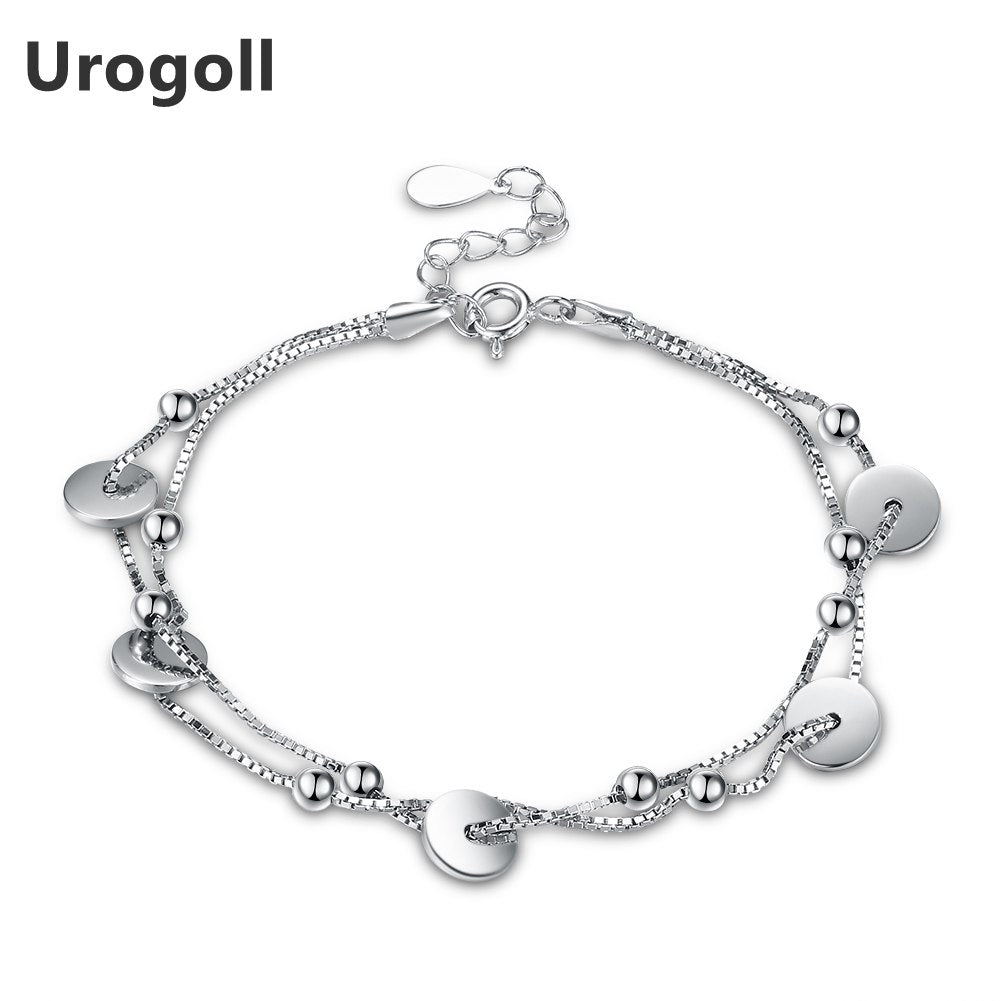 Fashion Hot Sale Women's Jewelry Box Chain 100% Real 925 Sterling Silver Dual small disc Smooth bead Bracelets Cuff Bangles Gift