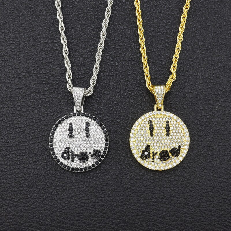 Ice Out Drew Smiley Face Diamond Pendant Necklace Men Women Couple Hip-hop Party Jewelry Chain Necklace Gift Accessories
