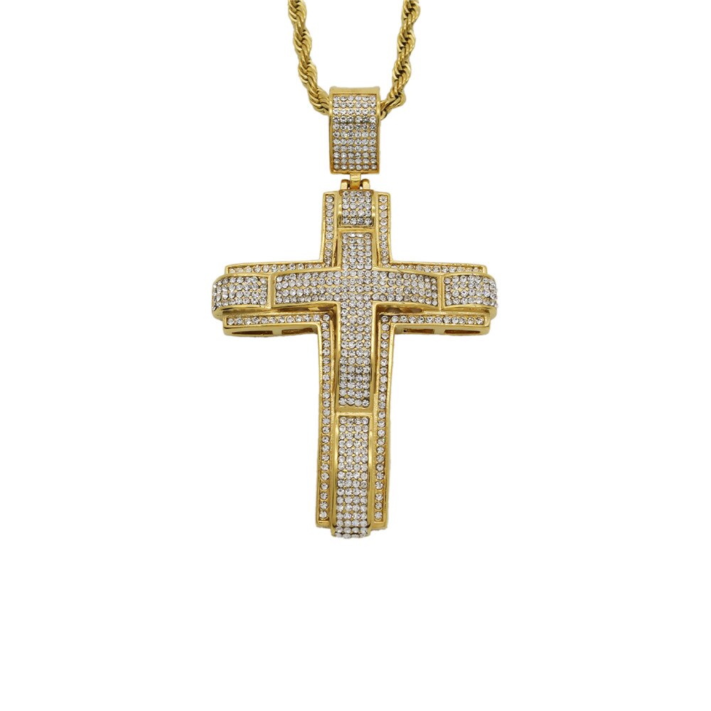 Iced Out Bling Big Cross Pendant Gold Color Charm Cubic Zirconia Men's Hip Hop Necklace Chain Rock Jewelry