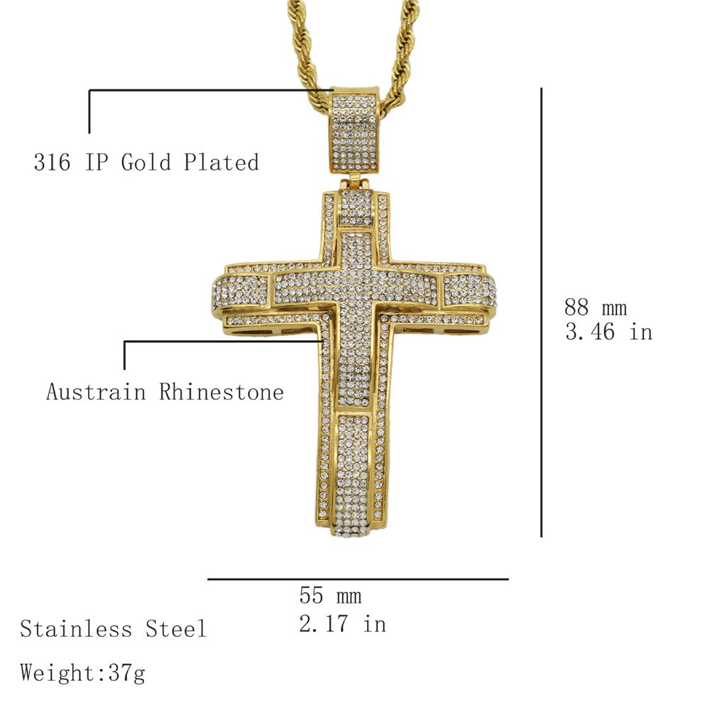 Iced Out Bling Big Cross Pendant Gold Color Charm Cubic Zirconia Men's Hip Hop Necklace Chain Rock Jewelry