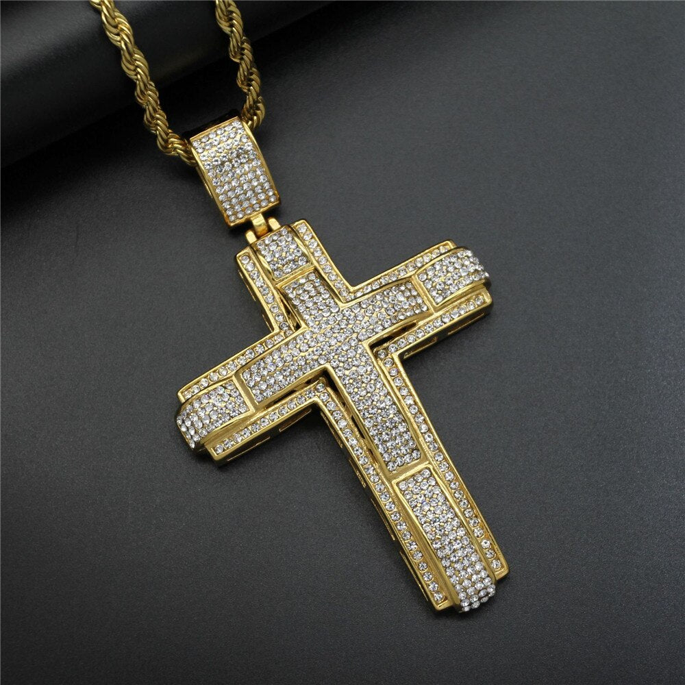 Iced Out Bling Big Cross Pendant Gold Color Charm Cubic Zirconia Men's Hip Hop Necklace Chain Rock Jewelry