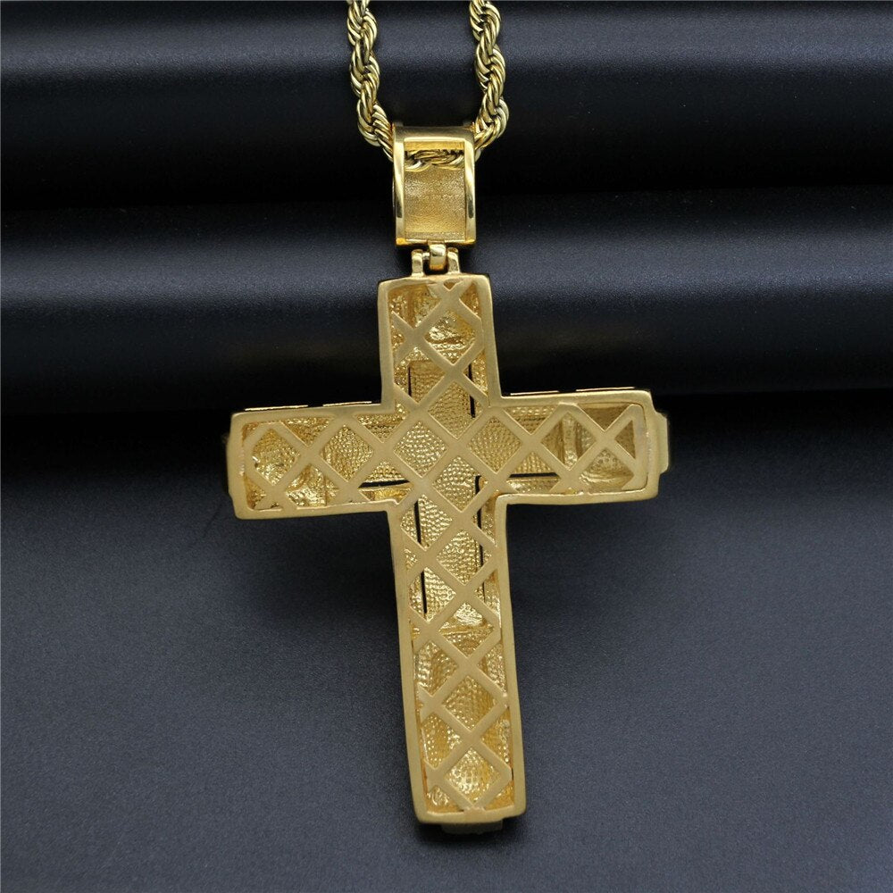 Iced Out Bling Big Cross Pendant Gold Color Charm Cubic Zirconia Men's Hip Hop Necklace Chain Rock Jewelry