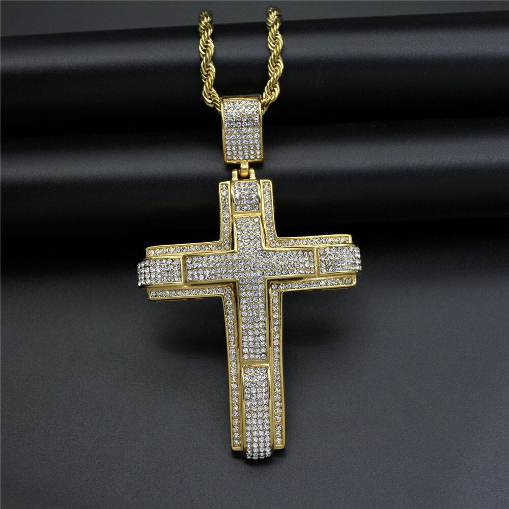 Iced Out Bling Big Cross Pendant Gold Color Charm Cubic Zirconia Men's Hip Hop Necklace Chain Rock Jewelry