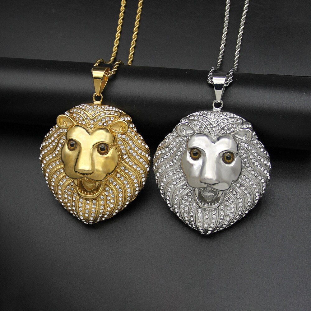 Iced Out Bling Lion Head Pendant Gold Color Charm Cubic Zirconia Men's Hip Hop Necklace Chain Rock Jewelry