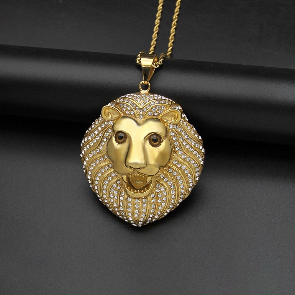 Iced Out Bling Lion Head Pendant Gold Color Charm Cubic Zirconia Men's Hip Hop Necklace Chain Rock Jewelry