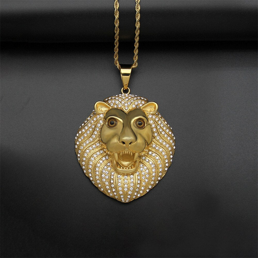 Iced Out Bling Lion Head Pendant Gold Color Charm Cubic Zirconia Men's Hip Hop Necklace Chain Rock Jewelry