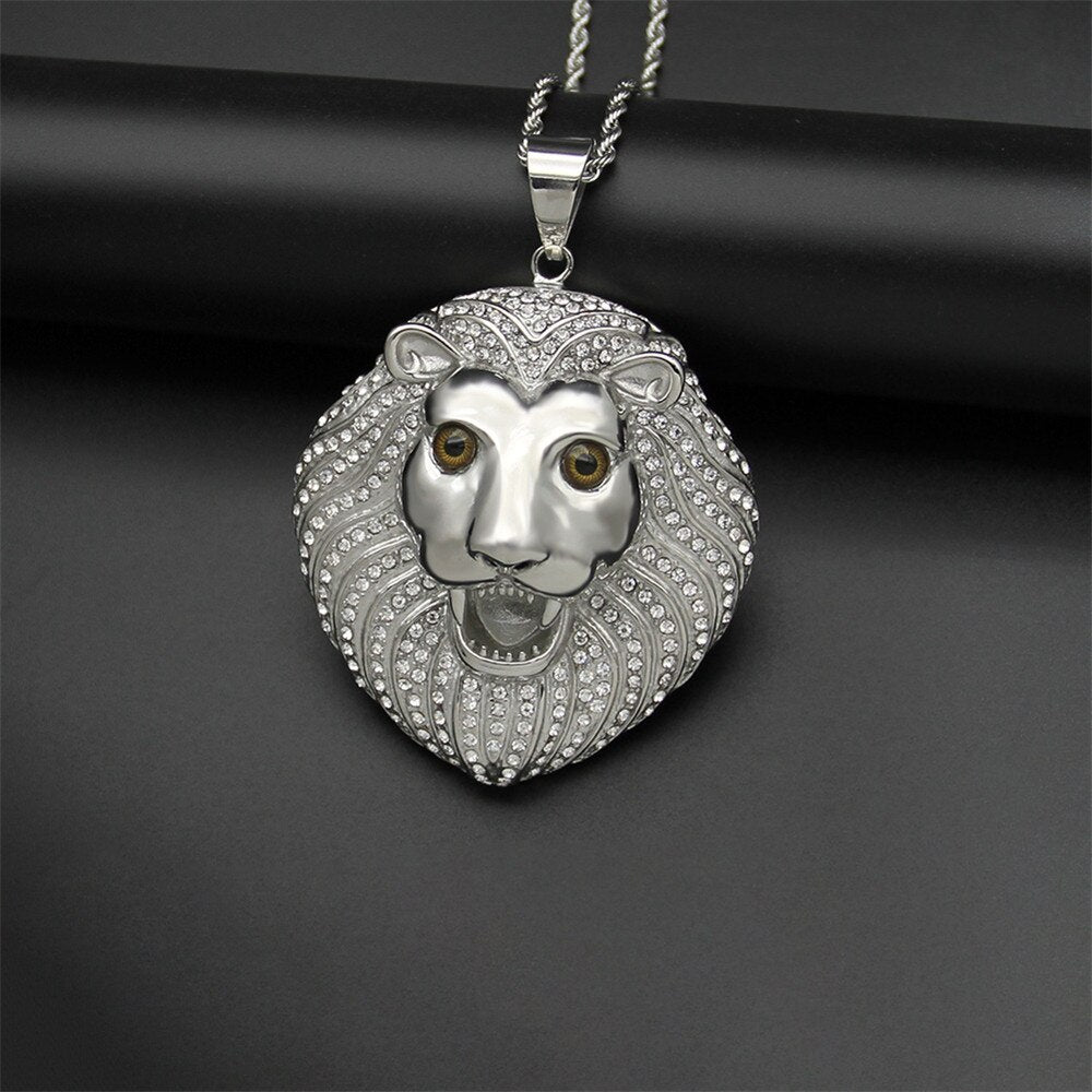 Iced Out Bling Lion Head Pendant Gold Color Charm Cubic Zirconia Men's Hip Hop Necklace Chain Rock Jewelry