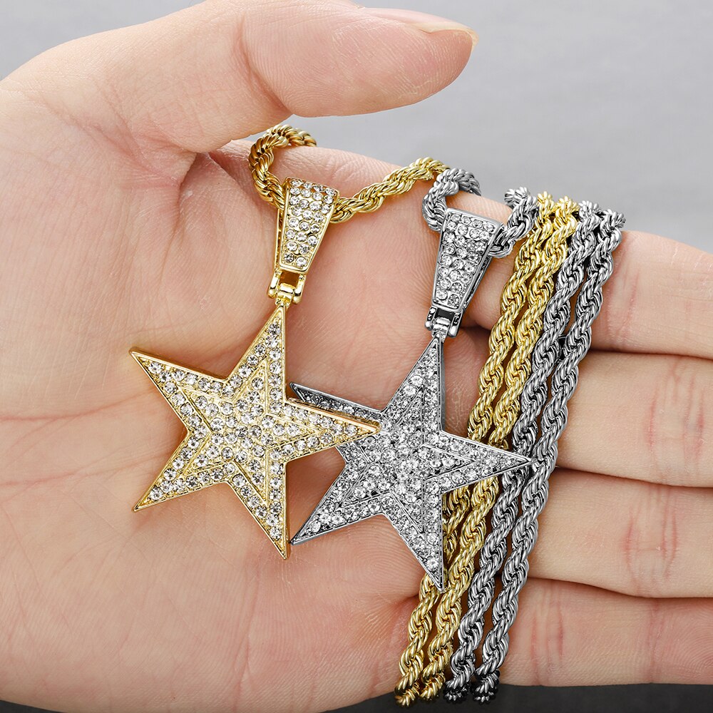 Iced Out Necklace Pendant Pentagram Necklace Clothes Chain Tennis Chain Hip Hop Jewellery For Men Women Gift