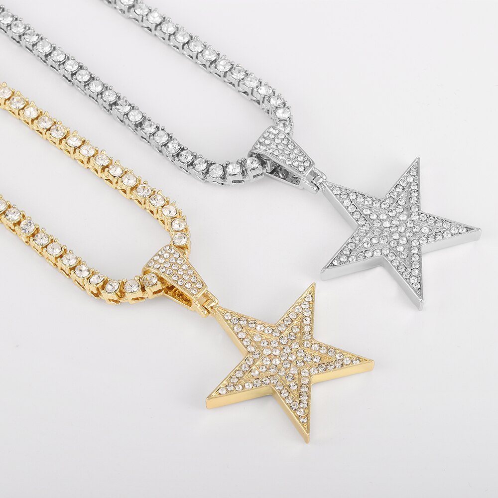 Iced Out Necklace Pendant Pentagram Necklace Clothes Chain Tennis Chain Hip Hop Jewellery For Men Women Gift