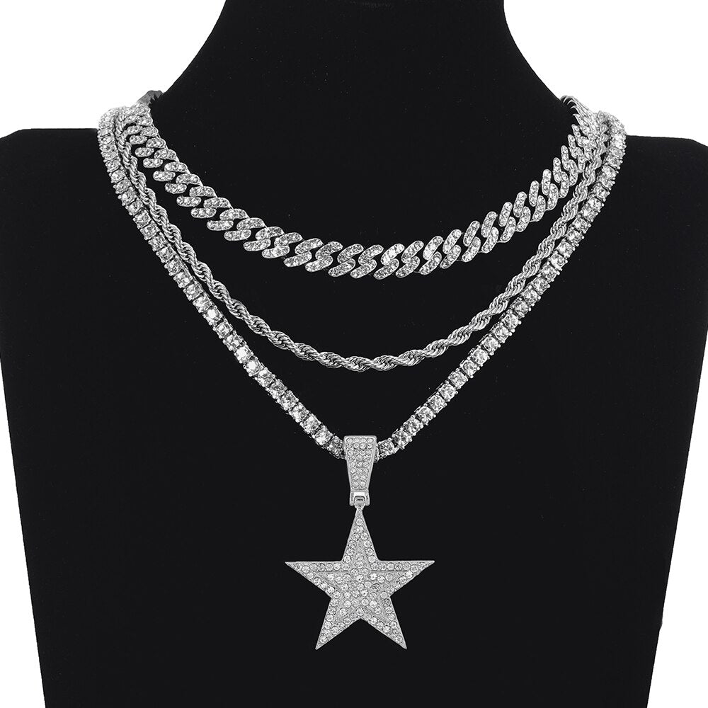 Iced Out Necklace Pendant Pentagram Necklace Clothes Chain Tennis Chain Hip Hop Jewellery For Men Women Gift
