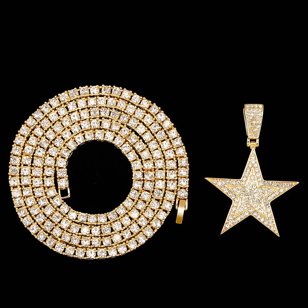 Iced Out Necklace Pendant Pentagram Necklace Clothes Chain Tennis Chain Hip Hop Jewellery For Men Women Gift