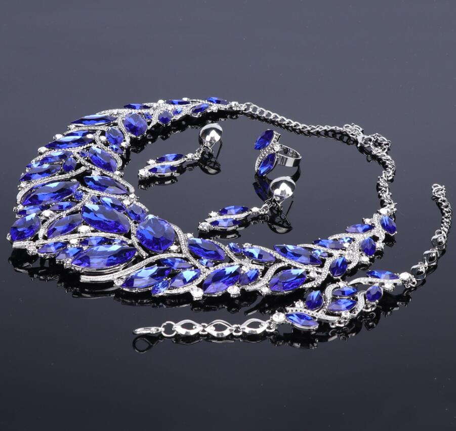 Fashion Indian Crystal Necklace Earrings Bracelet Ring Bridal Jewelry Sets For Brides Party Wedding Accessories Decoration