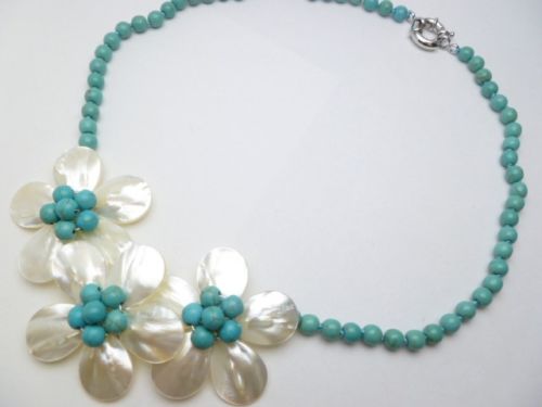 Fashion Jewelry 3 White Mother Pearl Shell Flower Turquoises Necklace