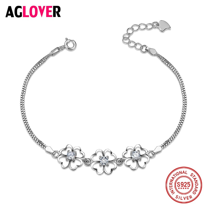 Fashion Jewelry Authentic 925 Sterling Silver Jewelry Austrian Crystal Four Leaf Clover Heart Charm Bracelets For Women Gift