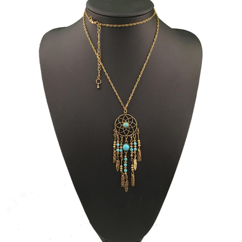 Fashion Jewelry Choker Necklace Dream Catcher Leaves Feather Charm Tassel Necklaces Round Blue Stone Beads Necklace