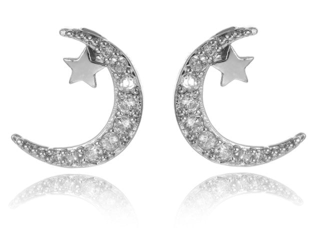 Fashion Jewelry Crystal from Austrian Star Luna 925 Sterling Silver Stud Earrings Sterling Silver inlaid CZ Earrings Cute