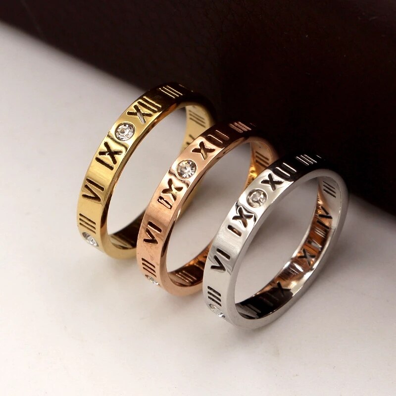Jewelry Elegant Temperament of Hollow Out Lucky Roman Numerals Rose Gold Plating Titanium Steel Ring