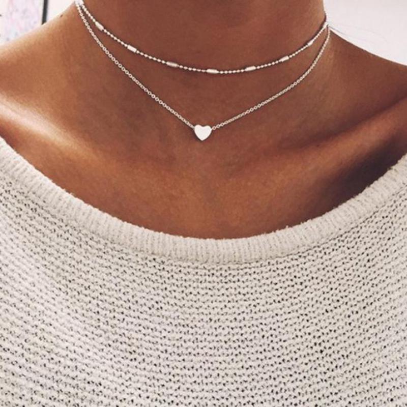 Jewelry Love Heart Choker Necklaces & Pendants Double Chain Layered Necklace Collar Women Statement Jewelry Bijoux
