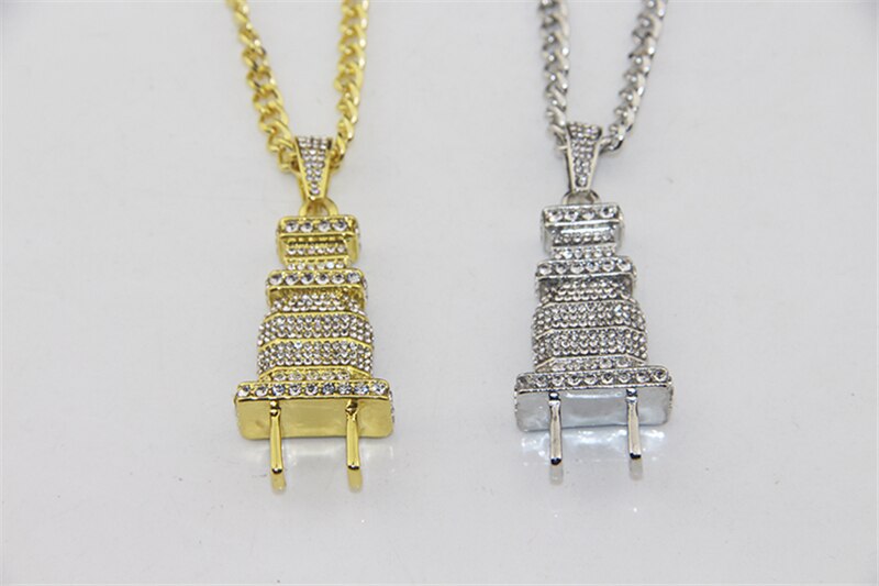Jewelry Mens Iced Out Bling Bling Plug Pendant Necklace Gold Silver Color Charm Micro Pave Full Rhinestone Hip Hop