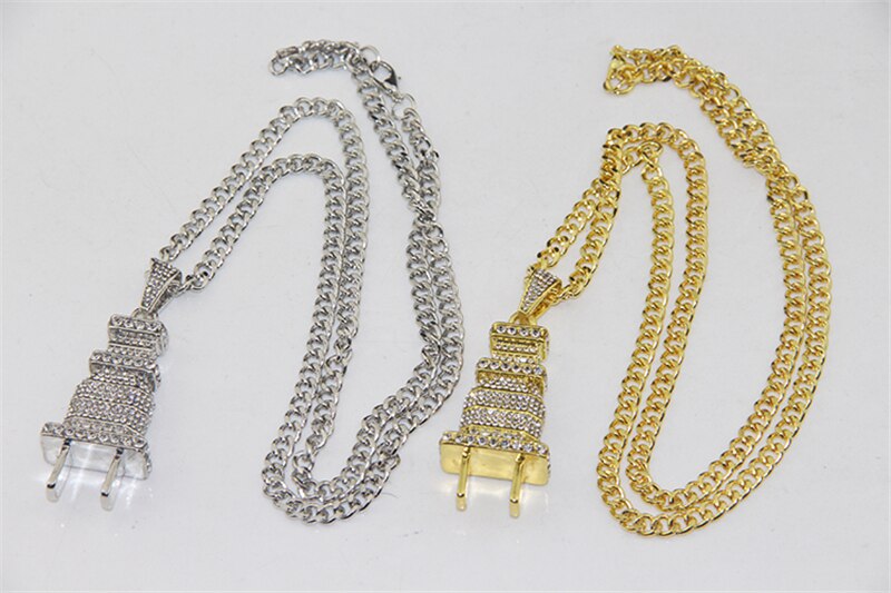 Jewelry Mens Iced Out Bling Bling Plug Pendant Necklace Gold Silver Color Charm Micro Pave Full Rhinestone Hip Hop