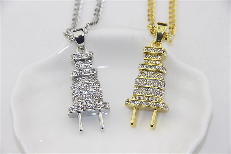 Jewelry Mens Iced Out Bling Bling Plug Pendant Necklace Gold Silver Color Charm Micro Pave Full Rhinestone Hip Hop