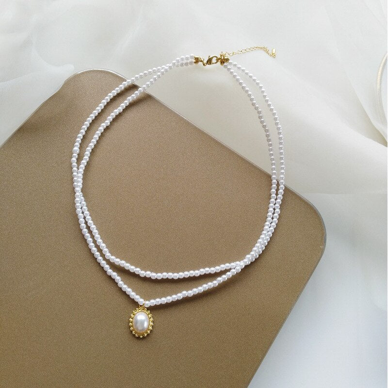Jewelry Necklace Delicate Simulated Small Pearls Two Layer Oval Pendant Short Necklace Women Jewelry Girl Student Gifts