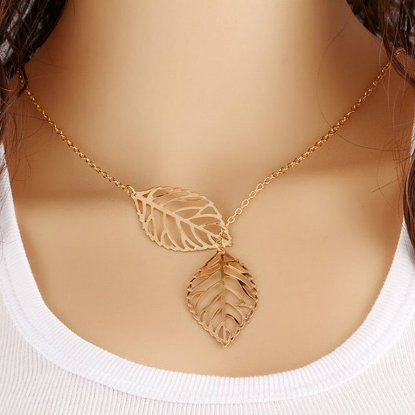 Fashion Jewelry New Gold And Silver Two - Leaf Pendant Necklace Multi - Layer Statement Women Necklace Jewelry