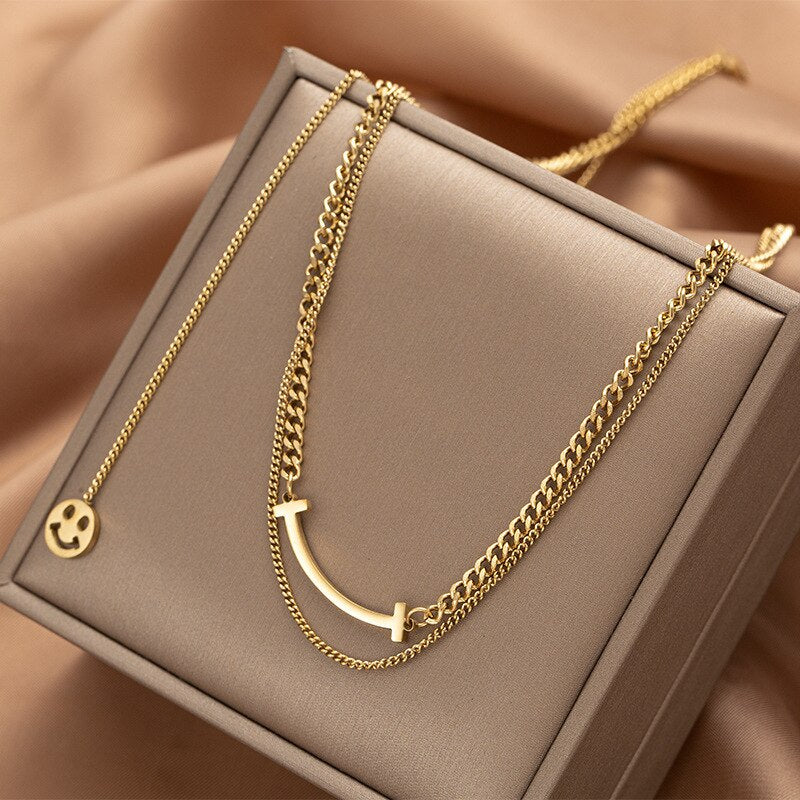 JewelryRose gold titanium steel necklace,Double smile titanium steel clavicle necklace,