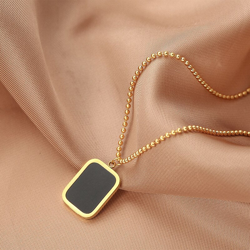 JewelryRose gold titanium steel necklace,Rectangular black pendant titanium steel clavicle necklace,