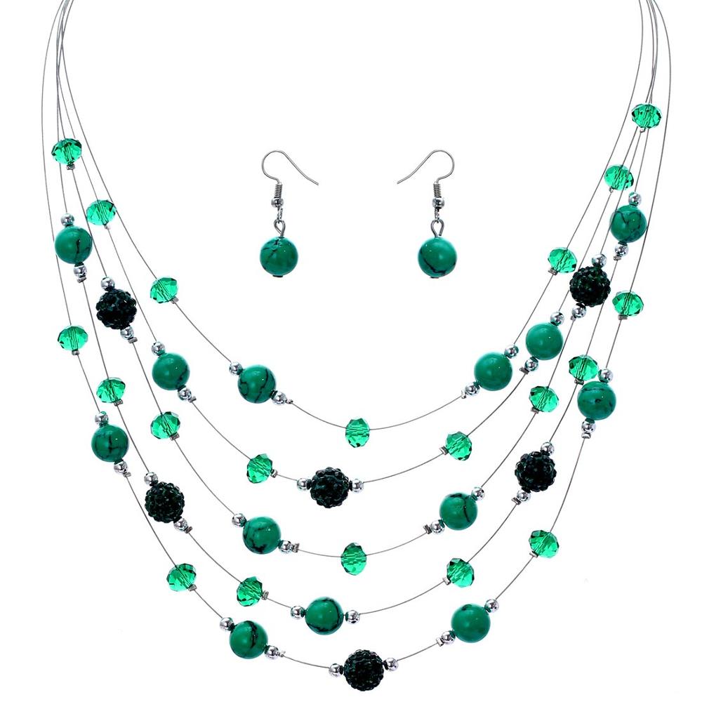 Fashion Jewelry Sets Women Joker Bohemian Crystal Silver Coral Stone Beads Statement Chocker Necklace Earrings Set