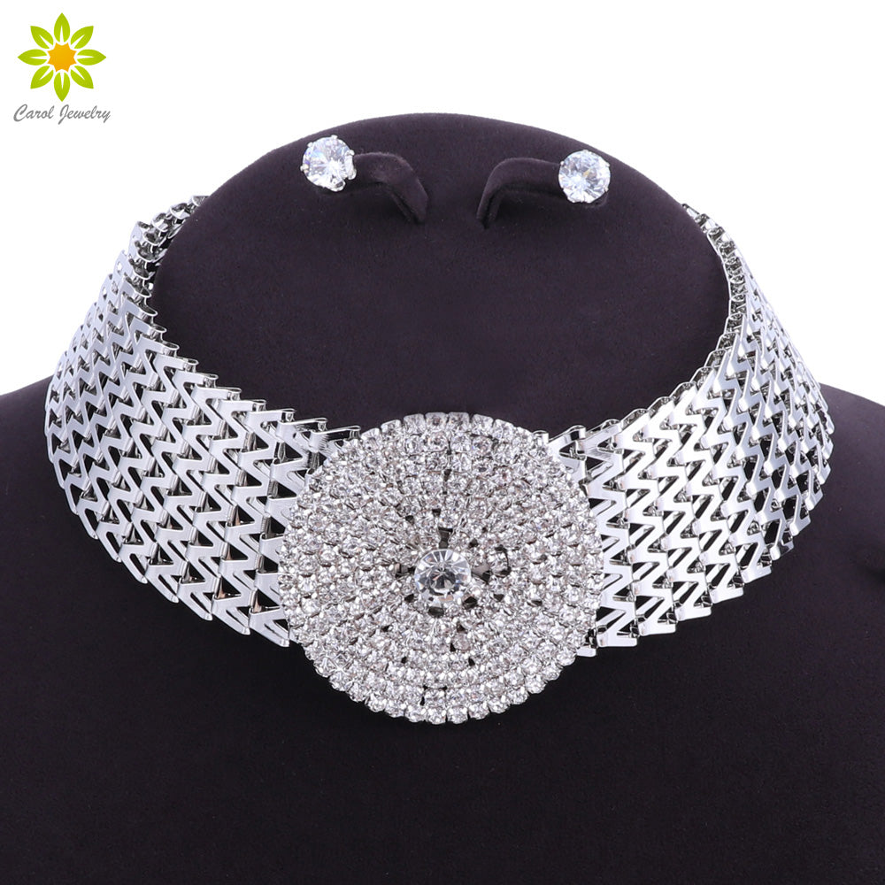 Fashion-Jewelry-Silver-plated-Crystal-Rhinestones-Necklace-and-Earrings-set-Women-Bridal-Wedding-Jewelry-sets