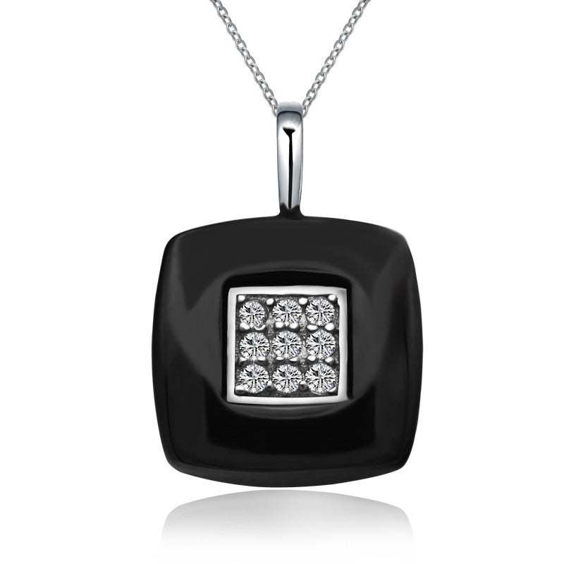 Fashion Jewelry Simple Black Ceramic Cubic Zircon Square Pendant Necklaces With Women's 925 Sterling Silver Necklace & Pendant