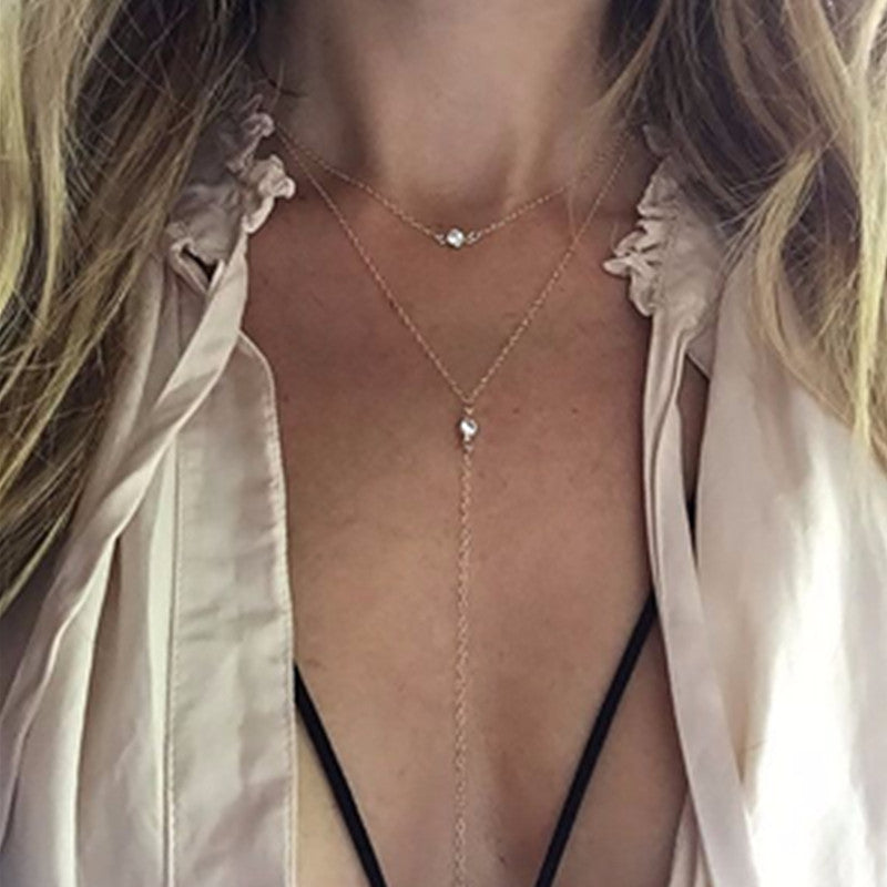Fashion Jewelry Simple Summer Jewelry Women Chain Necklace Double Layer Rhinestones necklaces & pendants For Women Gift x106