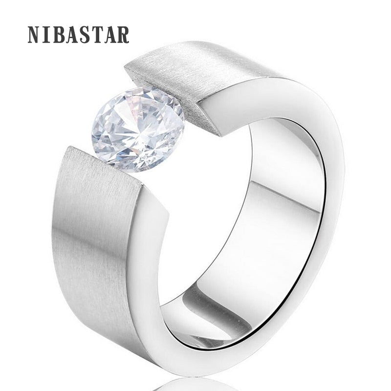 Fashion Jewelry Tension Setting Round Zircon Rings for Men Women Black Silver Gold-Color Stainless Steel Ring for Parties