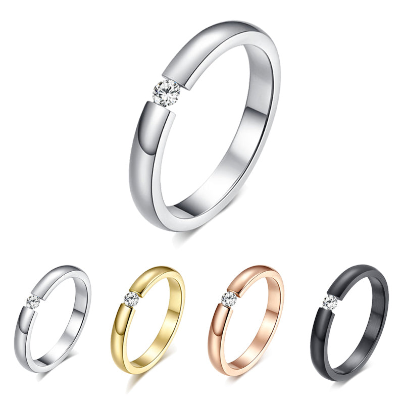 Fashion Jewelry White CZ Ring Anel Aneis Sz5-10 Simple Titanium Steel Couple Rings Black Silver Rose Gold Women/Men Wedding Band