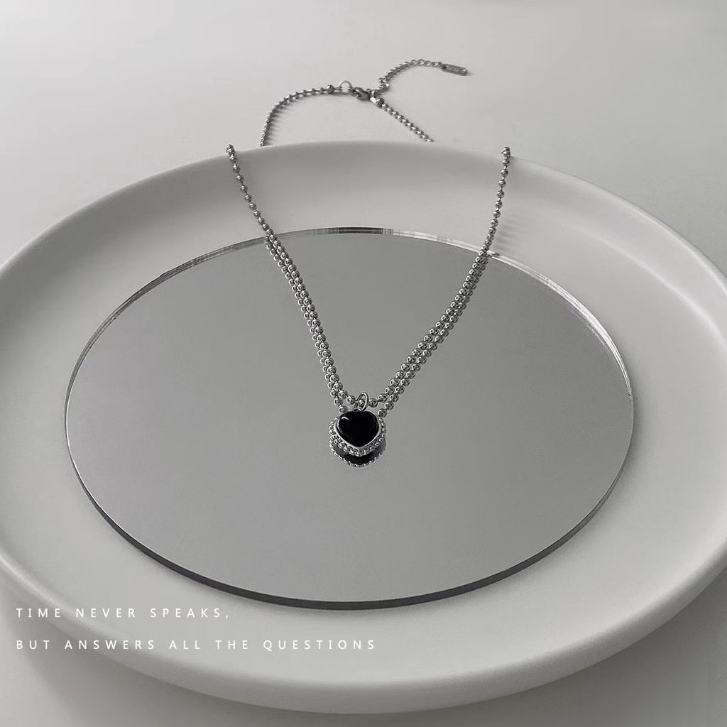 Korean Style Stainless Steel Black Peach Heart Pendant Necklace For Women Girls Silver Color Goth Jewelry On The Neck