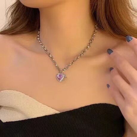 Korean Style Stainless Steel Black Peach Heart Pendant Necklace For Women Girls Silver Color Goth Jewelry On The Neck