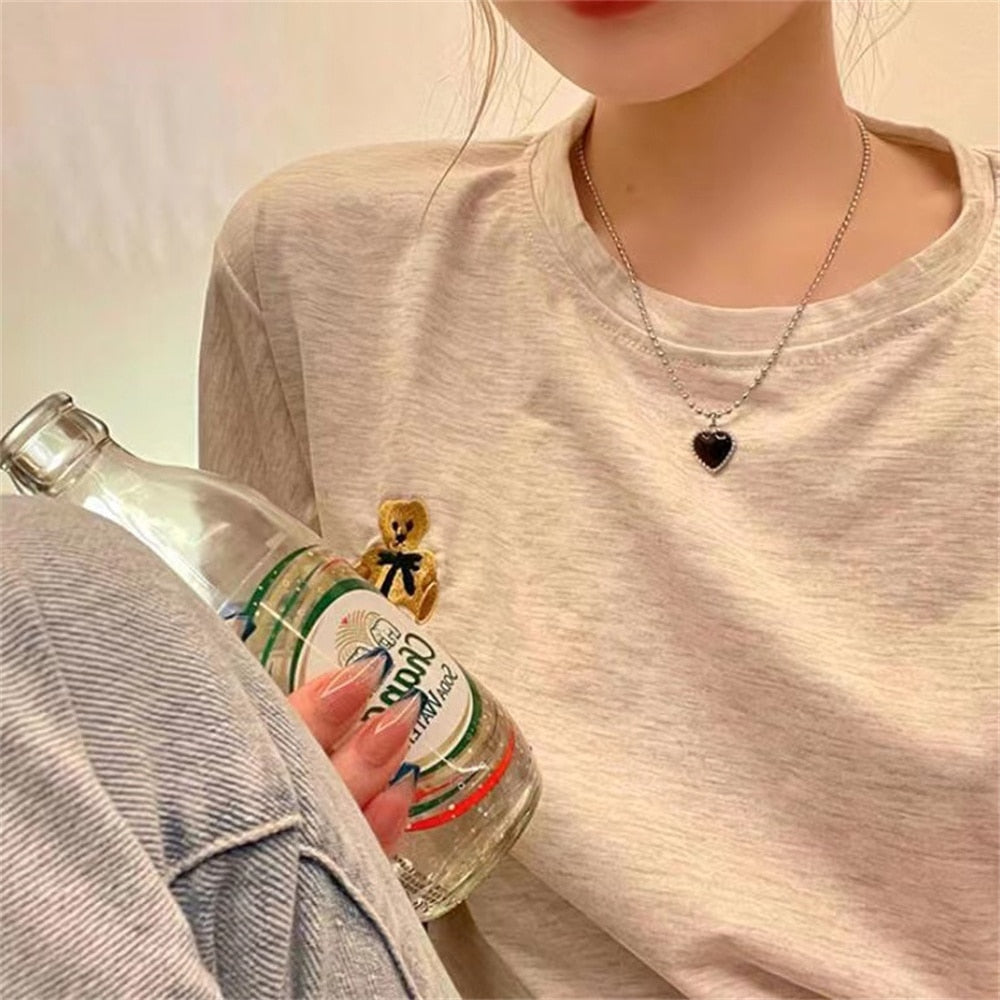 Korean Style Stainless Steel Black Peach Heart Pendant Necklace For Women Girls Silver Color Goth Jewelry On The Neck