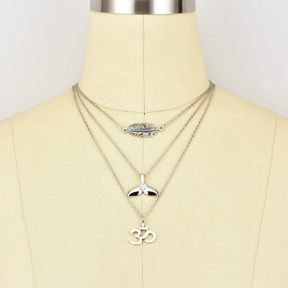 Fashion Leaves Feather Yoga Om Fishtail Chain Pendant Silver Long Necklace Women Creative Engraving Jewelry Gift